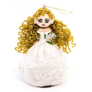 Bride with blonde curly hair and long train