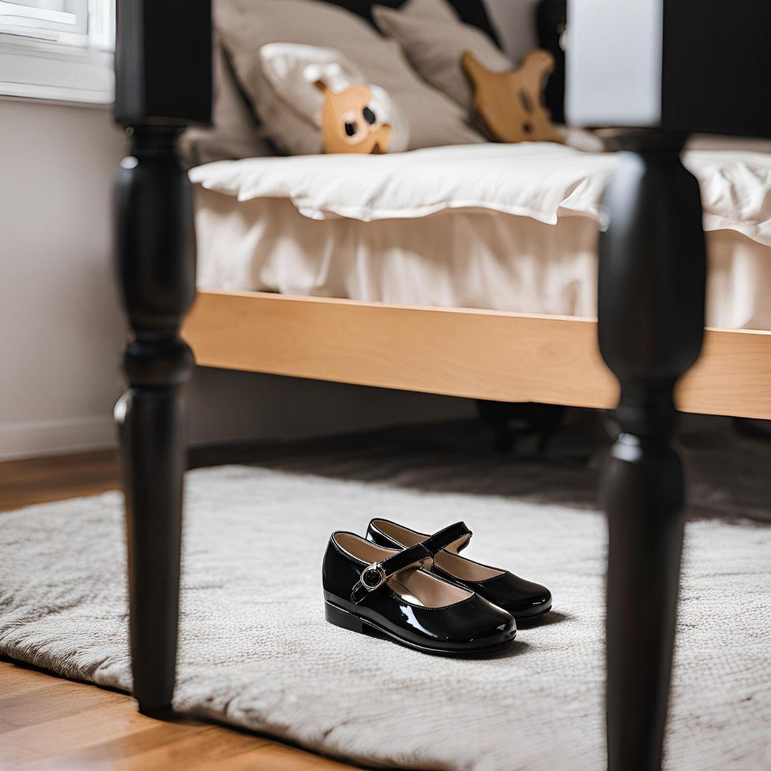 Little girl's Mary Jane shoes next to a bed